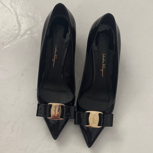 Salvatore Ferragamo Black Heels with Gold Buckle